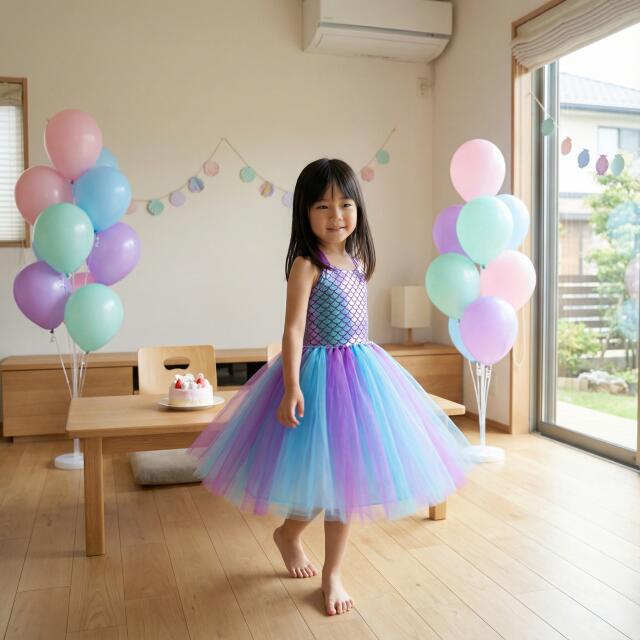 キッズ マーメイド ドレス 人魚風 ワンピース 90 100 120 チュール グラデーション バックリボン 女の子<b