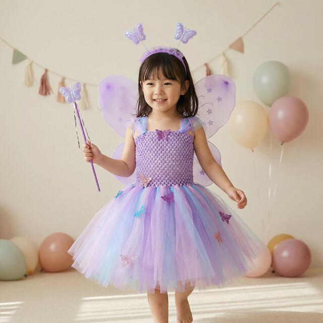 キッズ ドレス フェアリー 妖精 3点セット 羽 カチューシャ ステッキ付き チュール パープル 女の子 90 100 