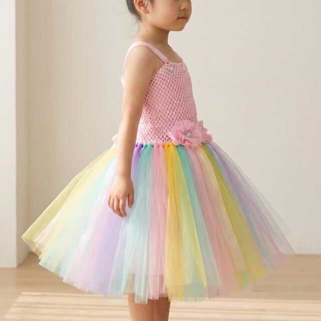 キッズ ドレス レインボー チュール プリンセス ノースリーブ 女の子 90 100 120 着丈50 55 60 誕生